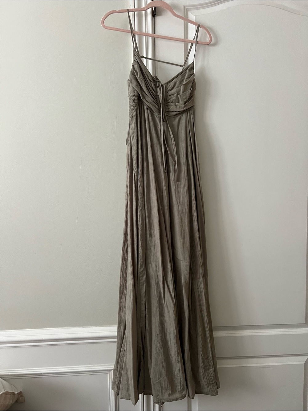 Flowing Olive Maxi Slip Dress with Tie Front